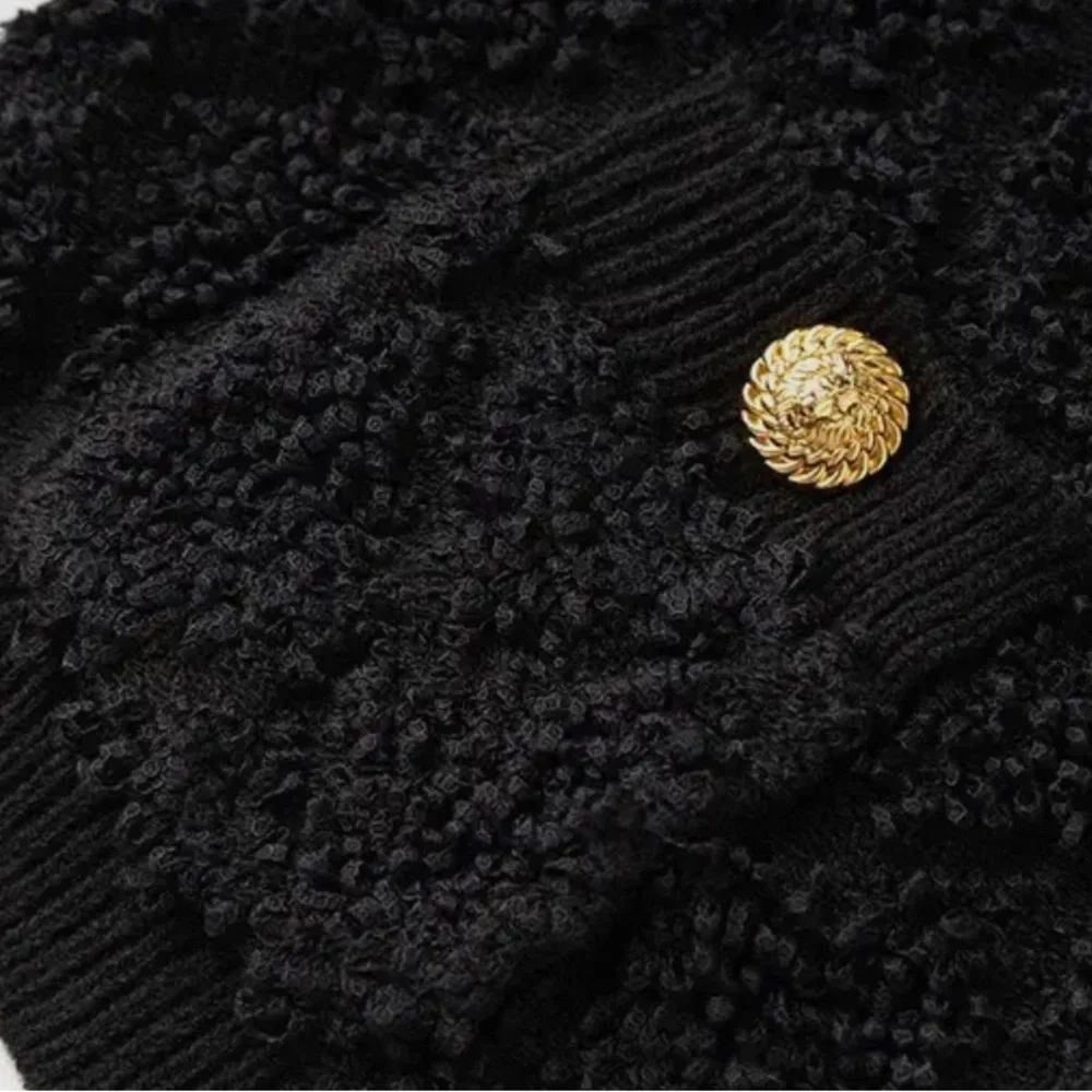 SWEATERS- Black Boucle Cardigan Sweater With Gold Buttons - Picture 6 of 8